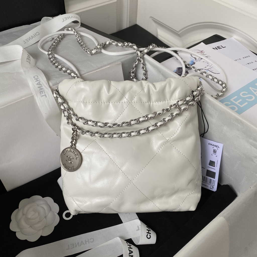 Chanel 22 Mini Handbag AS3980 Shiny Calfskin Silver-Tone Metal White