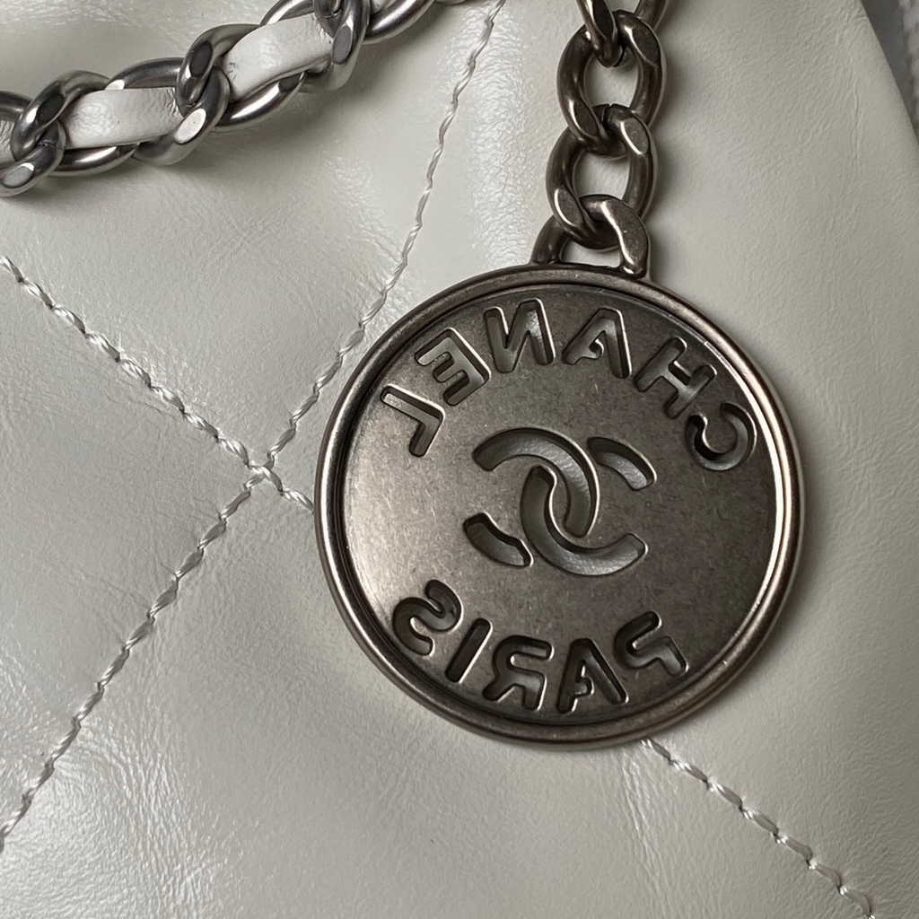 Chanel 22 Mini Handbag AS3980 Shiny Calfskin Silver-Tone Metal White