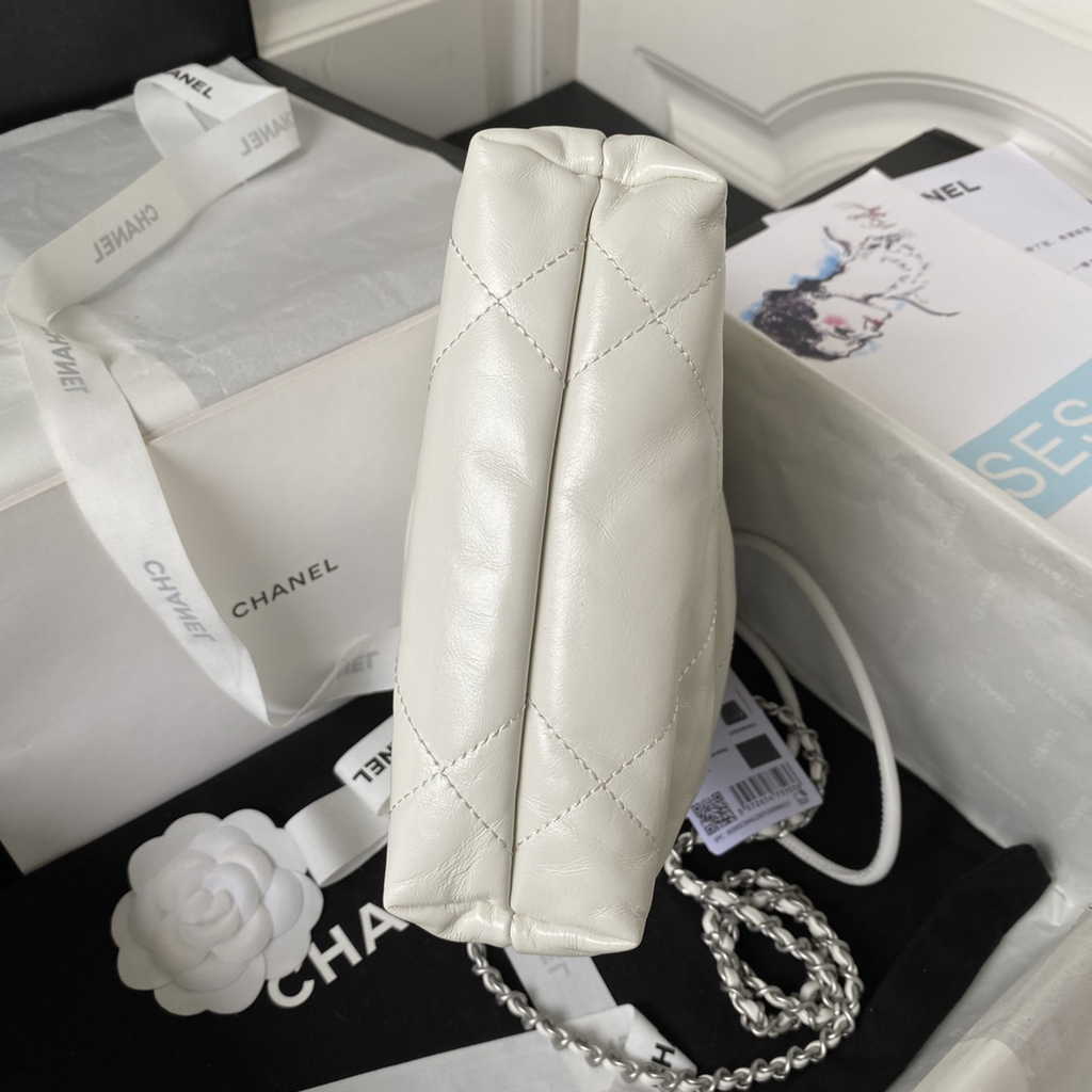 Chanel 22 Mini Handbag AS3980 Shiny Calfskin Silver-Tone Metal White