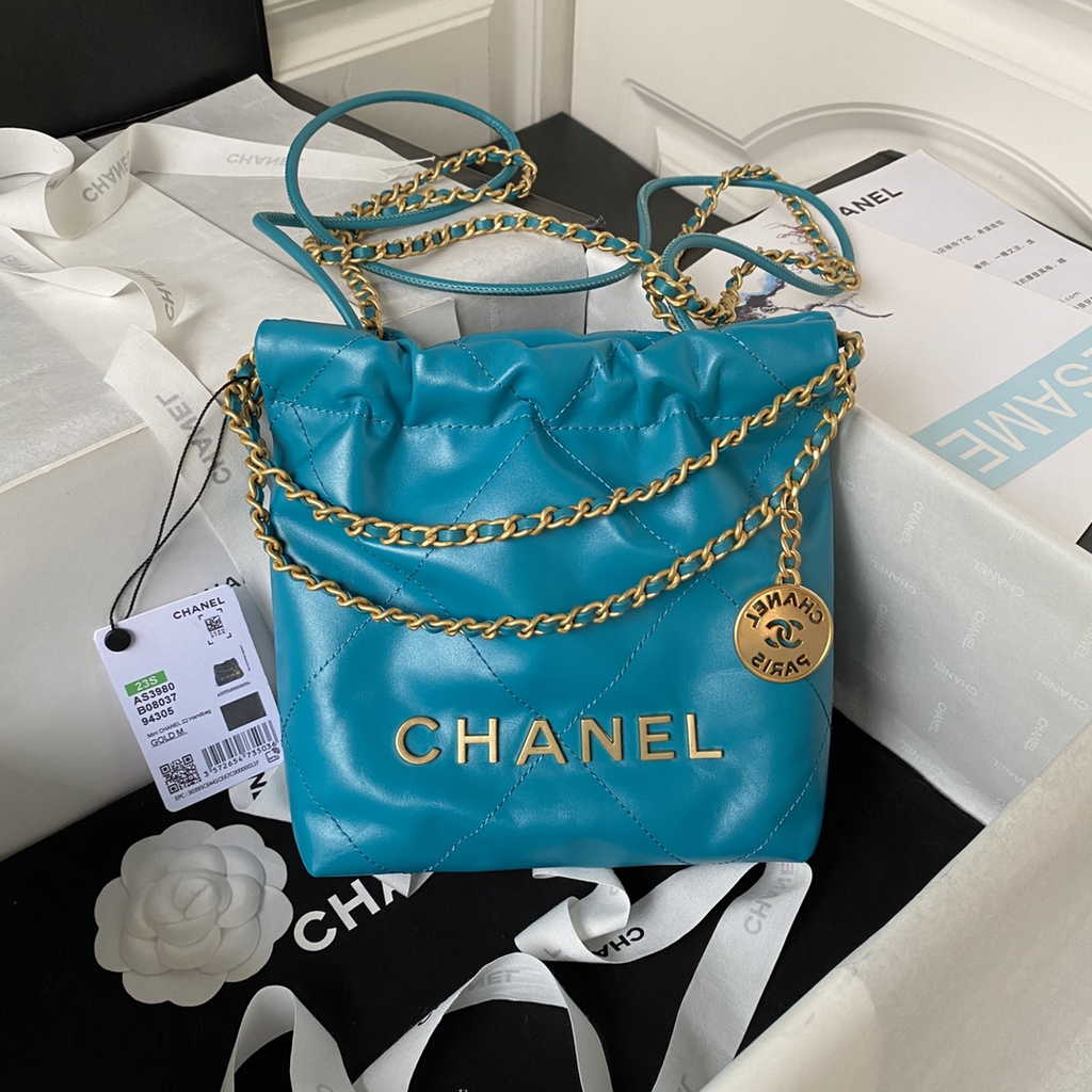 Chanel 22 Mini Handbag AS3980 Shiny Calfskin Gold-Tone Metal Blue