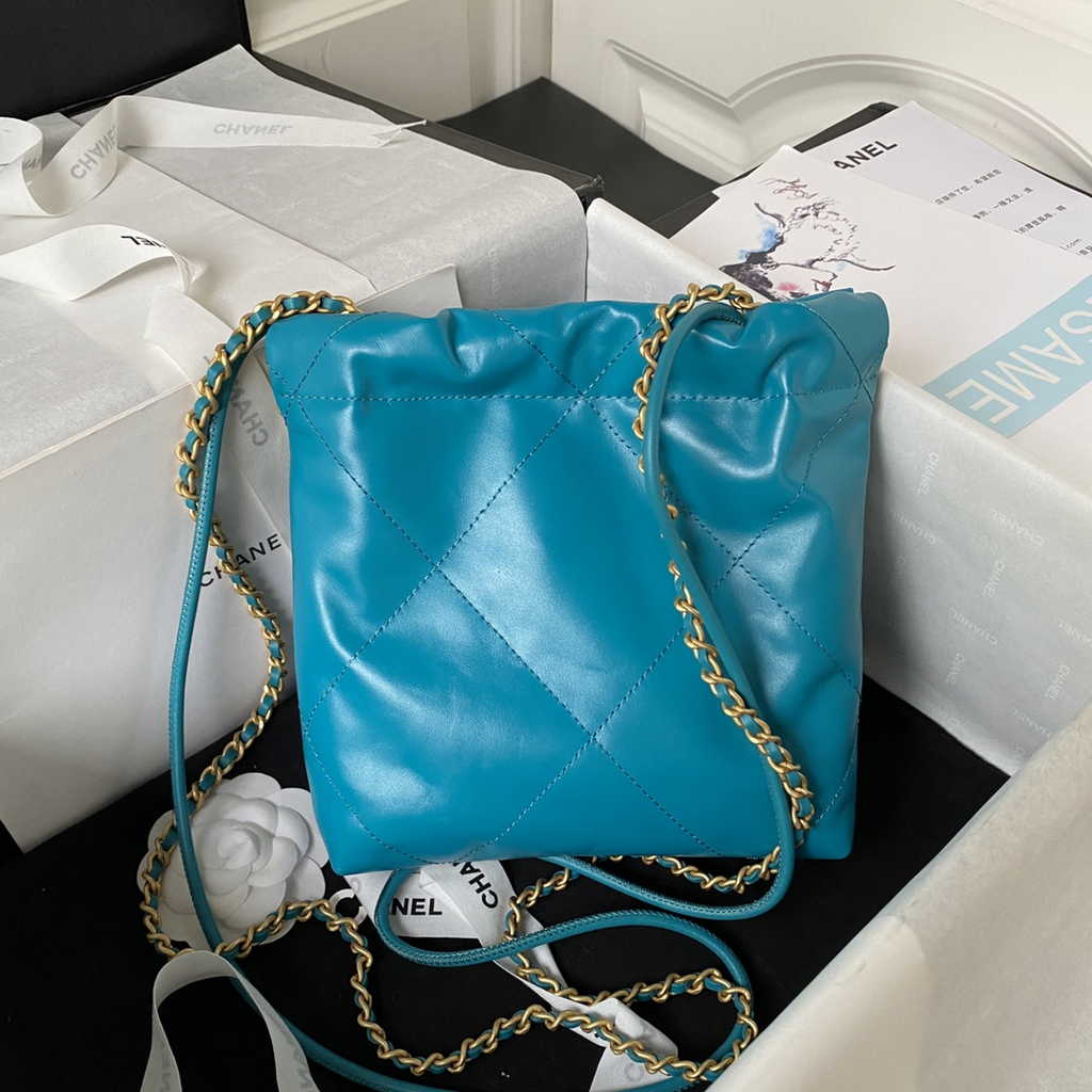 Chanel 22 Mini Handbag AS3980 Shiny Calfskin Gold-Tone Metal Blue