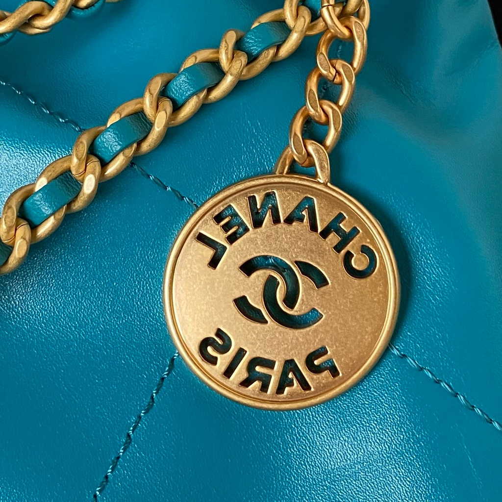 Chanel 22 Mini Handbag AS3980 Shiny Calfskin Gold-Tone Metal Blue