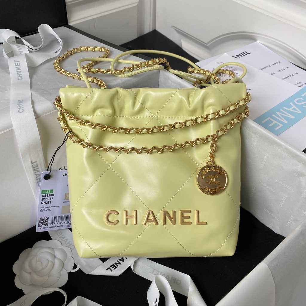 Chanel 22 Mini Handbag AS3980 Shiny Calfskin Gold-Tone Metal Yellow