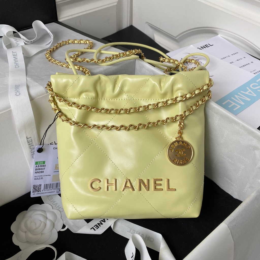 Chanel 22 Mini Handbag AS3980 Shiny Calfskin Gold-Tone Metal Yellow