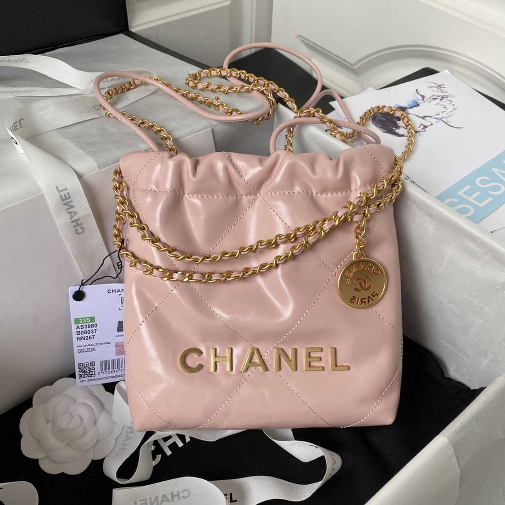 Chanel 22 Mini Handbag AS3980 Shiny Calfskin Gold-Tone Metal Light Pink
