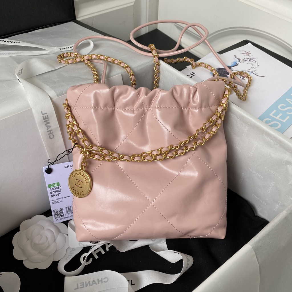 Chanel 22 Mini Handbag AS3980 Shiny Calfskin Gold-Tone Metal Light Pink