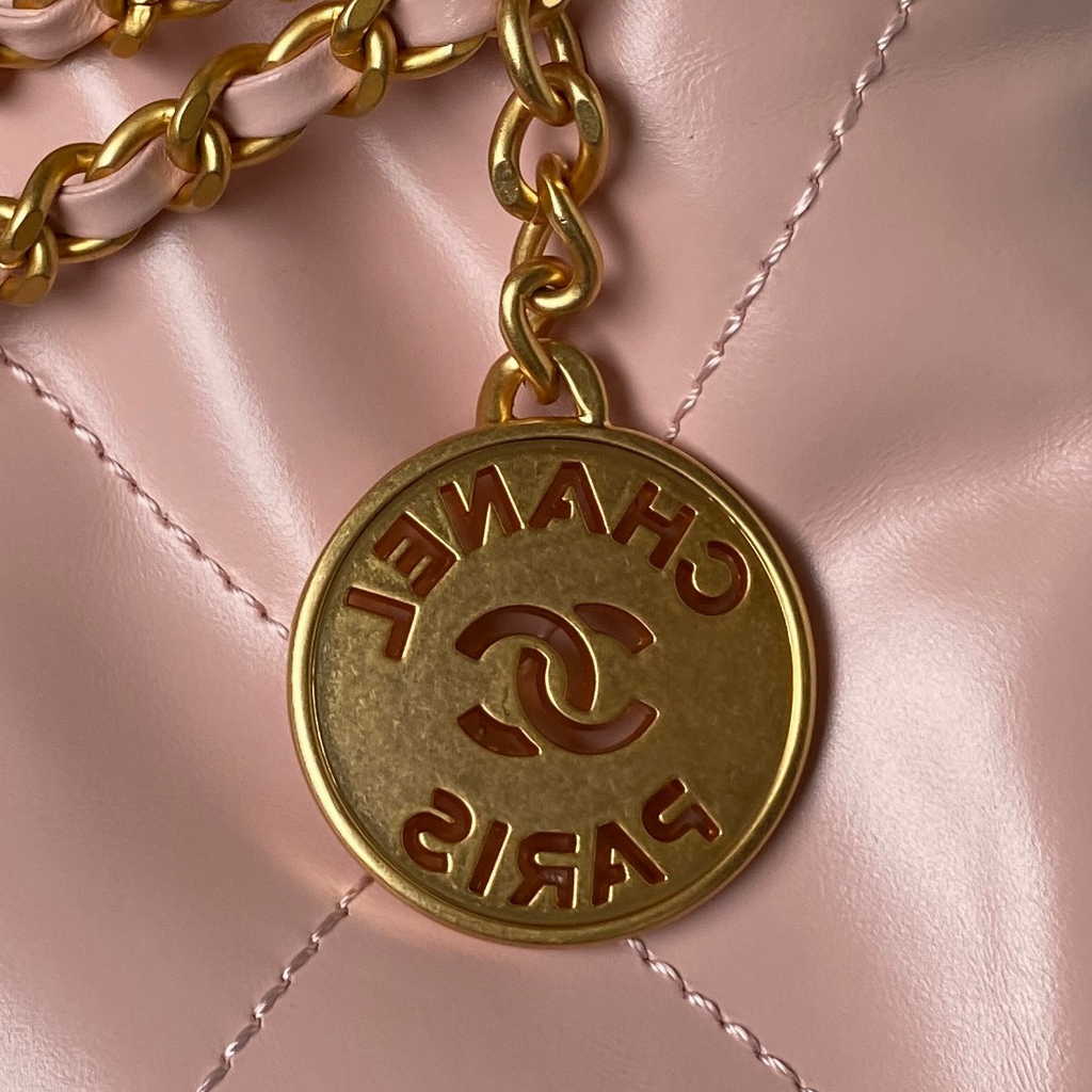 Chanel 22 Mini Handbag AS3980 Shiny Calfskin Gold-Tone Metal Light Pink
