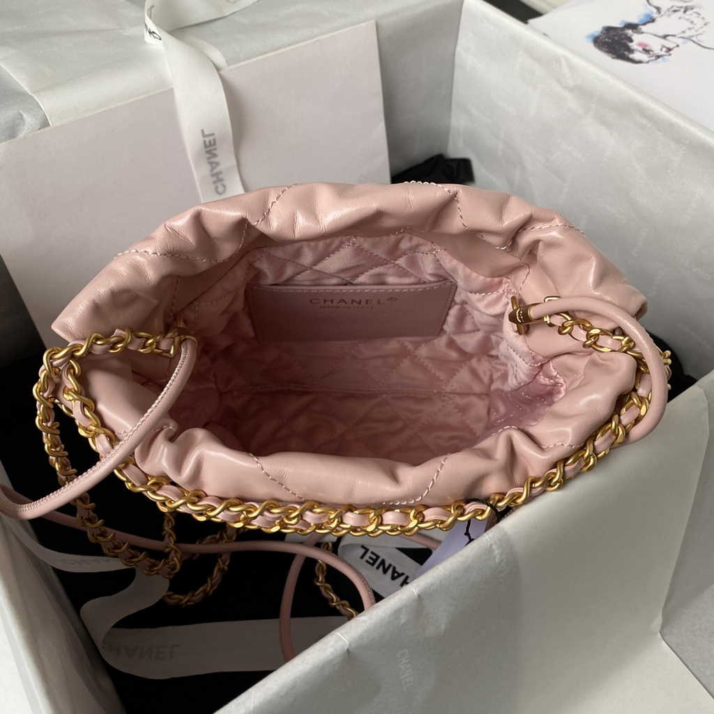 Chanel 22 Mini Handbag AS3980 Shiny Calfskin Gold-Tone Metal Light Pink
