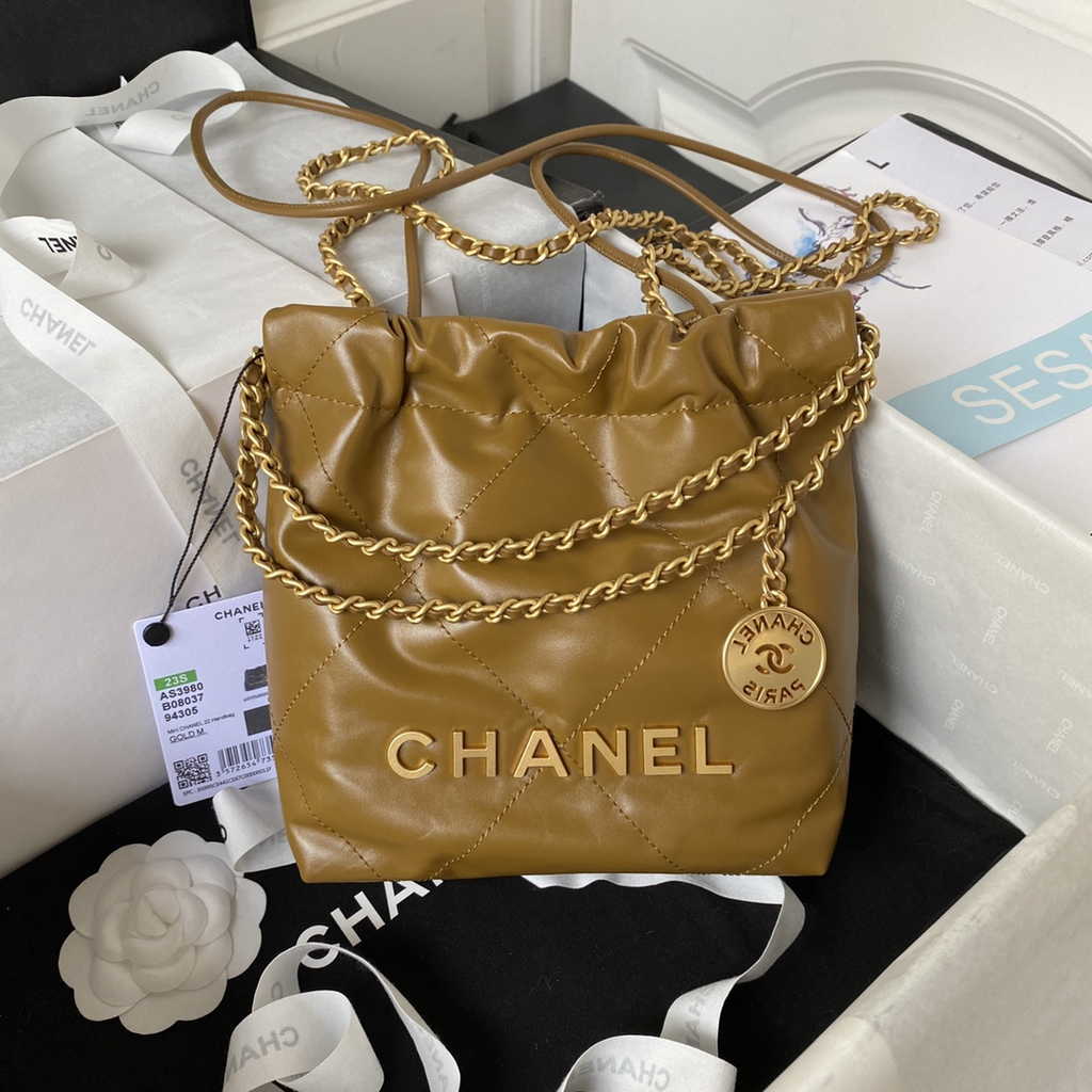 Chanel 22 Mini Handbag AS3980 Shiny Calfskin Gold-Tone Metal Brown