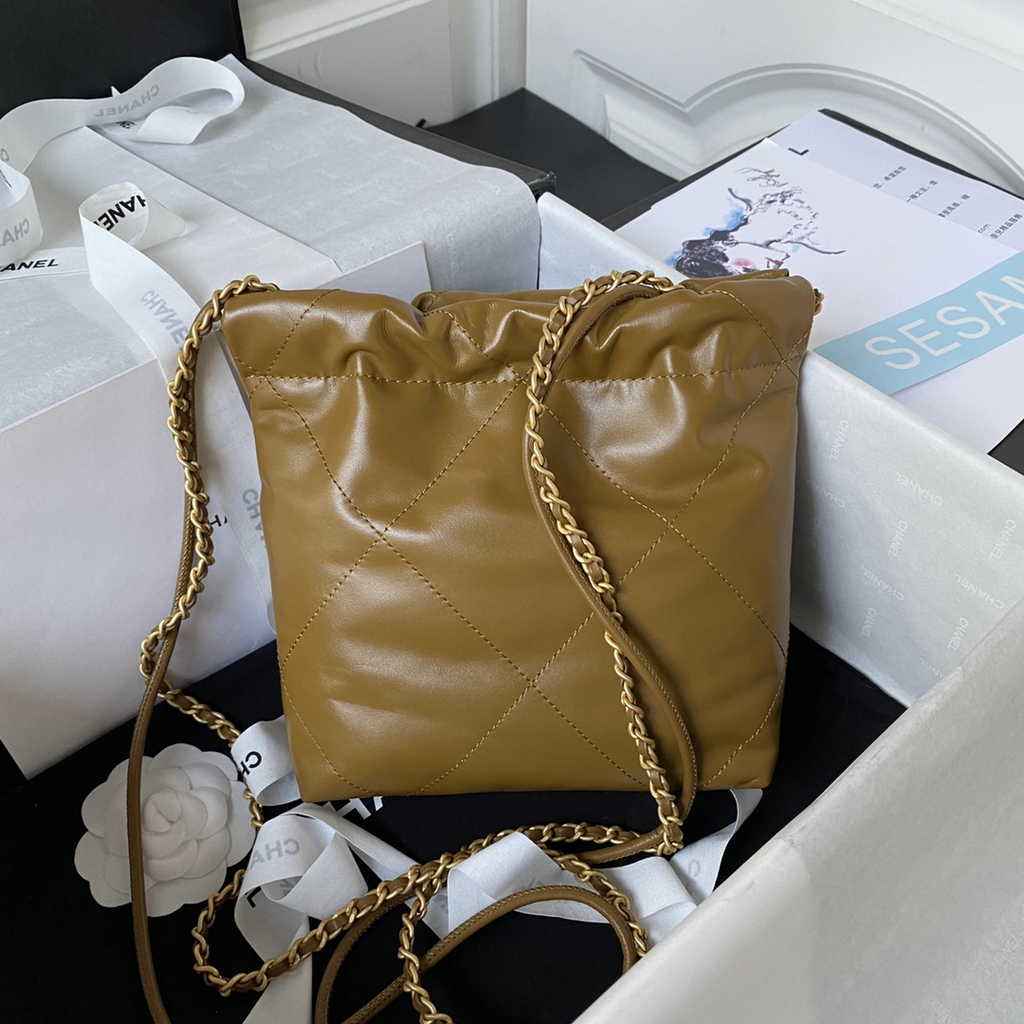 Chanel 22 Mini Handbag AS3980 Shiny Calfskin Gold-Tone Metal Brown