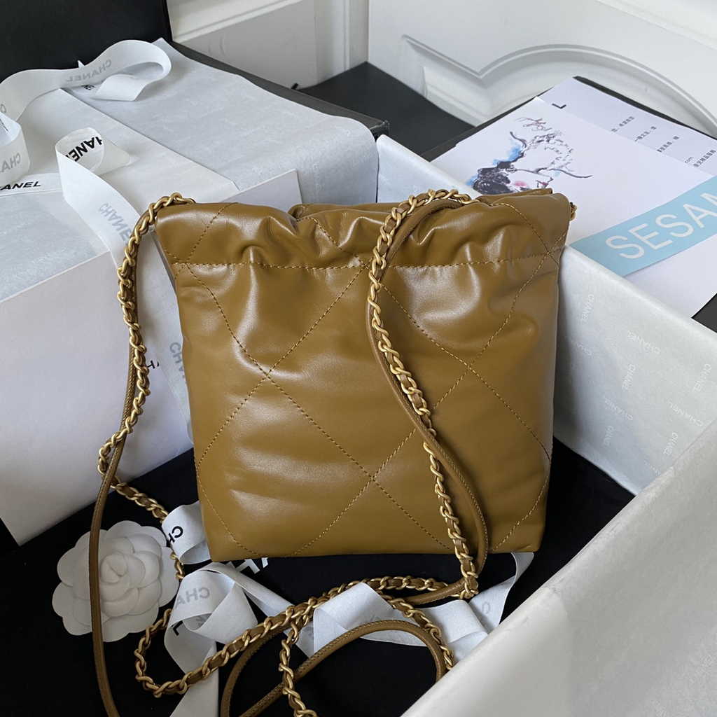 Chanel 22 Mini Handbag AS3980 Shiny Calfskin Gold-Tone Metal Brown