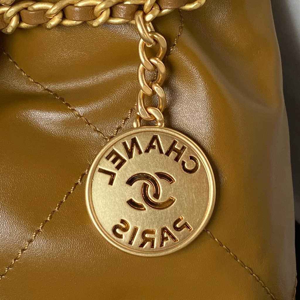 Chanel 22 Mini Handbag AS3980 Shiny Calfskin Gold-Tone Metal Brown