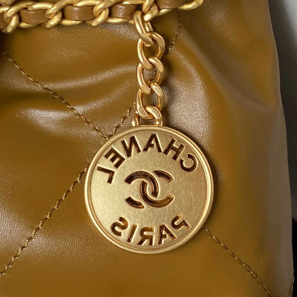 Chanel 22 Mini Handbag AS3980 Shiny Calfskin Gold-Tone Metal Brown