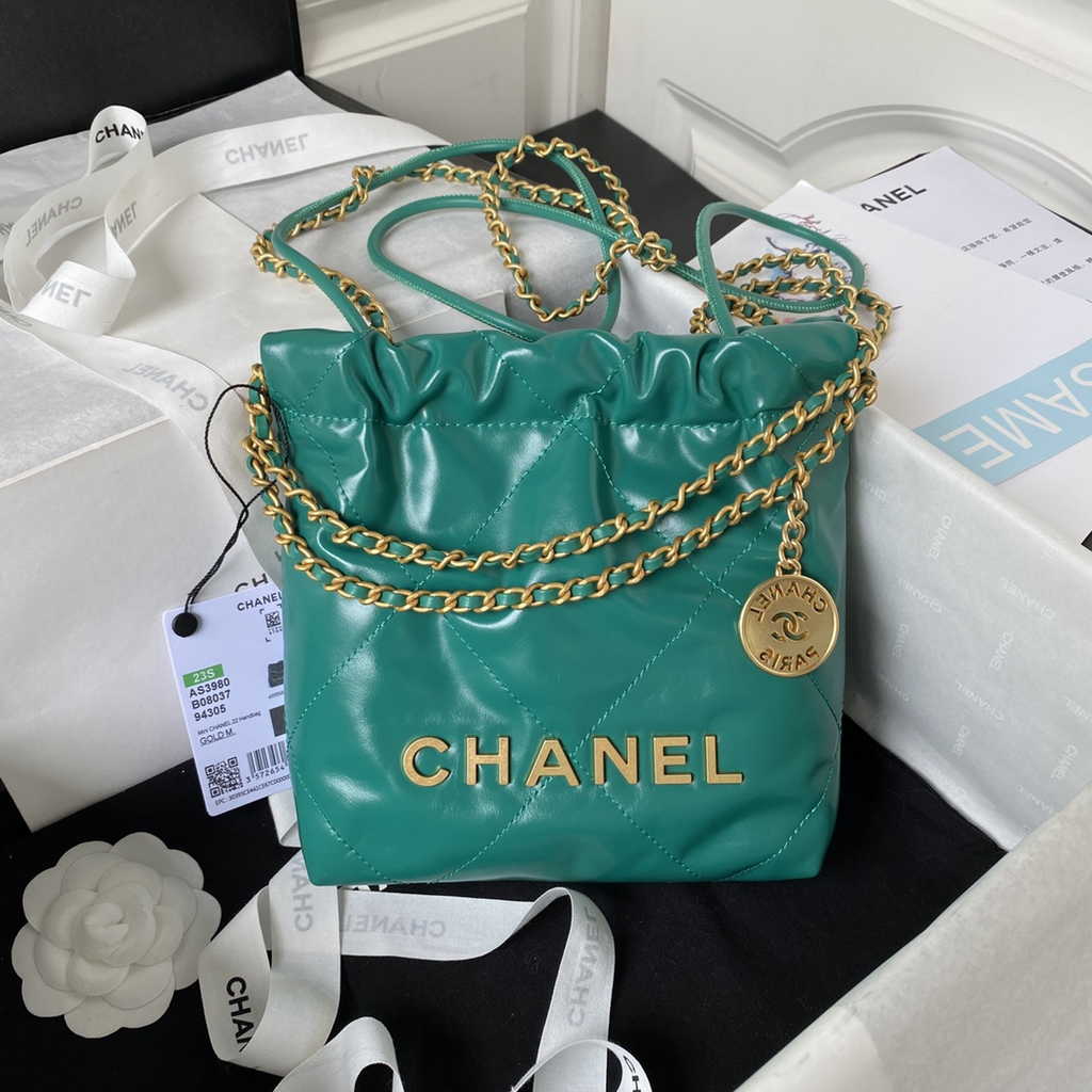 Chanel 22 Mini Handbag AS3980 Shiny Calfskin Gold-Tone Metal Green