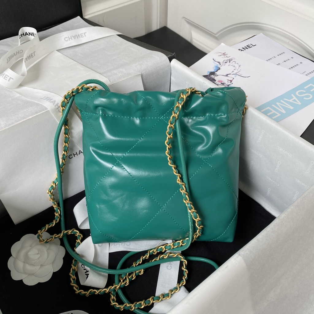 Chanel 22 Mini Handbag AS3980 Shiny Calfskin Gold-Tone Metal Green