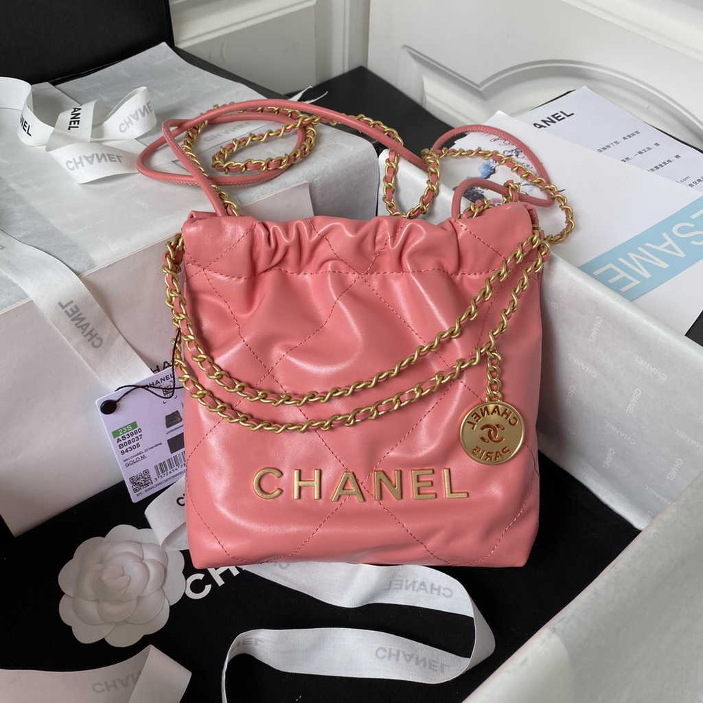 Chanel 22 Mini Handbag AS3980 Shiny Calfskin Gold-Tone Metal Pink