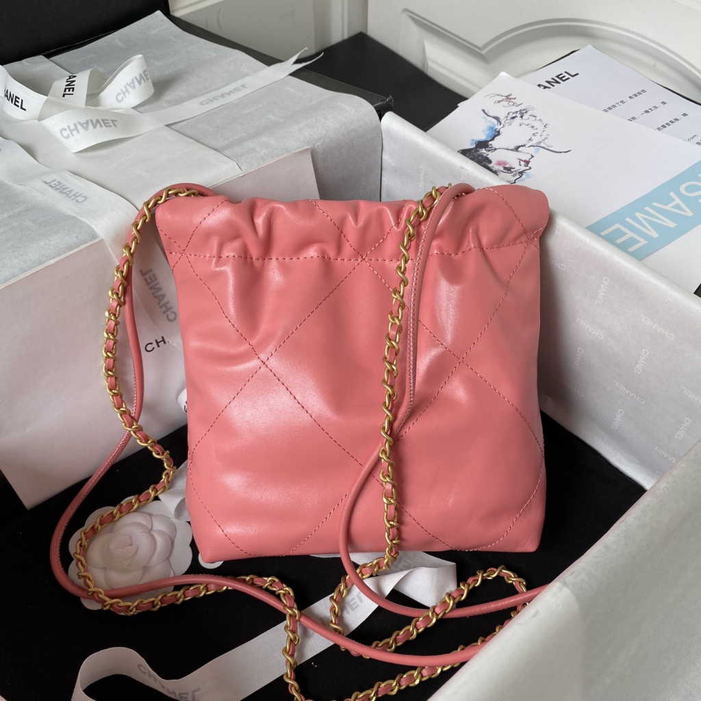 Chanel 22 Mini Handbag AS3980 Shiny Calfskin Gold-Tone Metal Pink