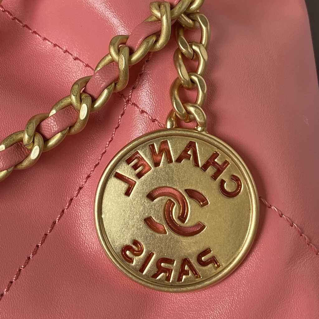 Chanel 22 Mini Handbag AS3980 Shiny Calfskin Gold-Tone Metal Pink