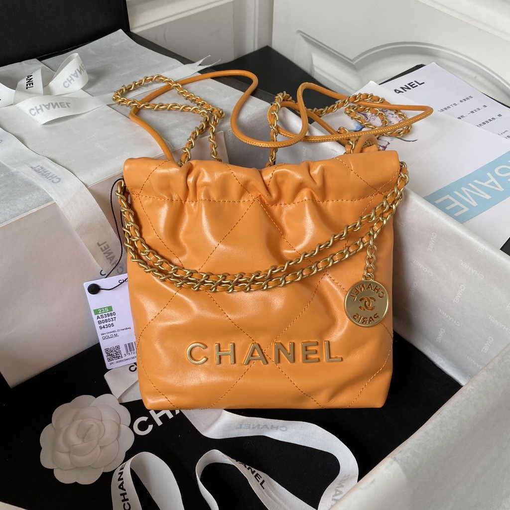 Chanel 22 Mini Handbag AS3980 Shiny Calfskin Gold-Tone Metal Orange