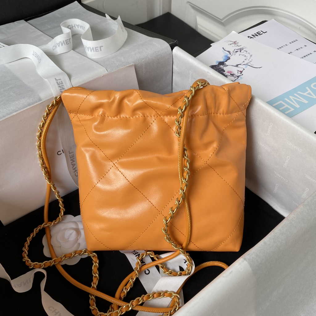 Chanel 22 Mini Handbag AS3980 Shiny Calfskin Gold-Tone Metal Orange