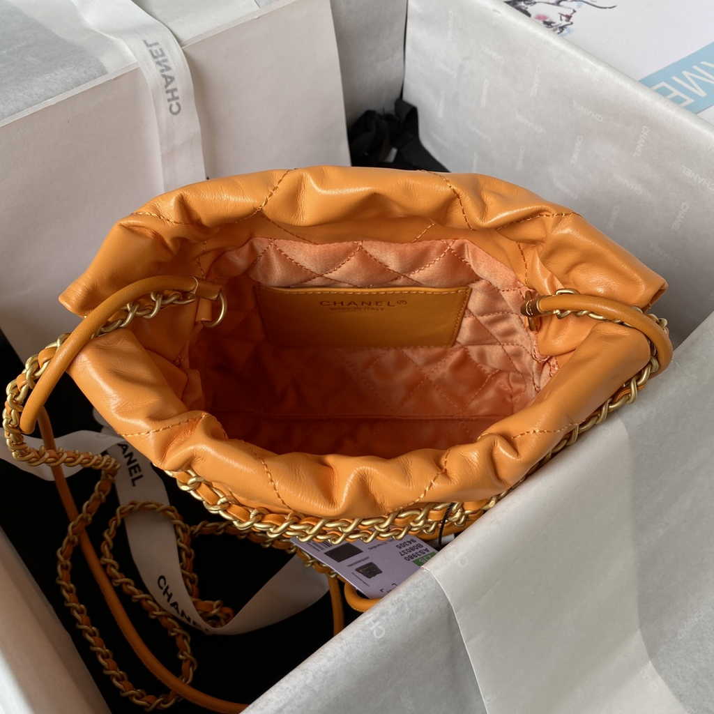 Chanel 22 Mini Handbag AS3980 Shiny Calfskin Gold-Tone Metal Orange