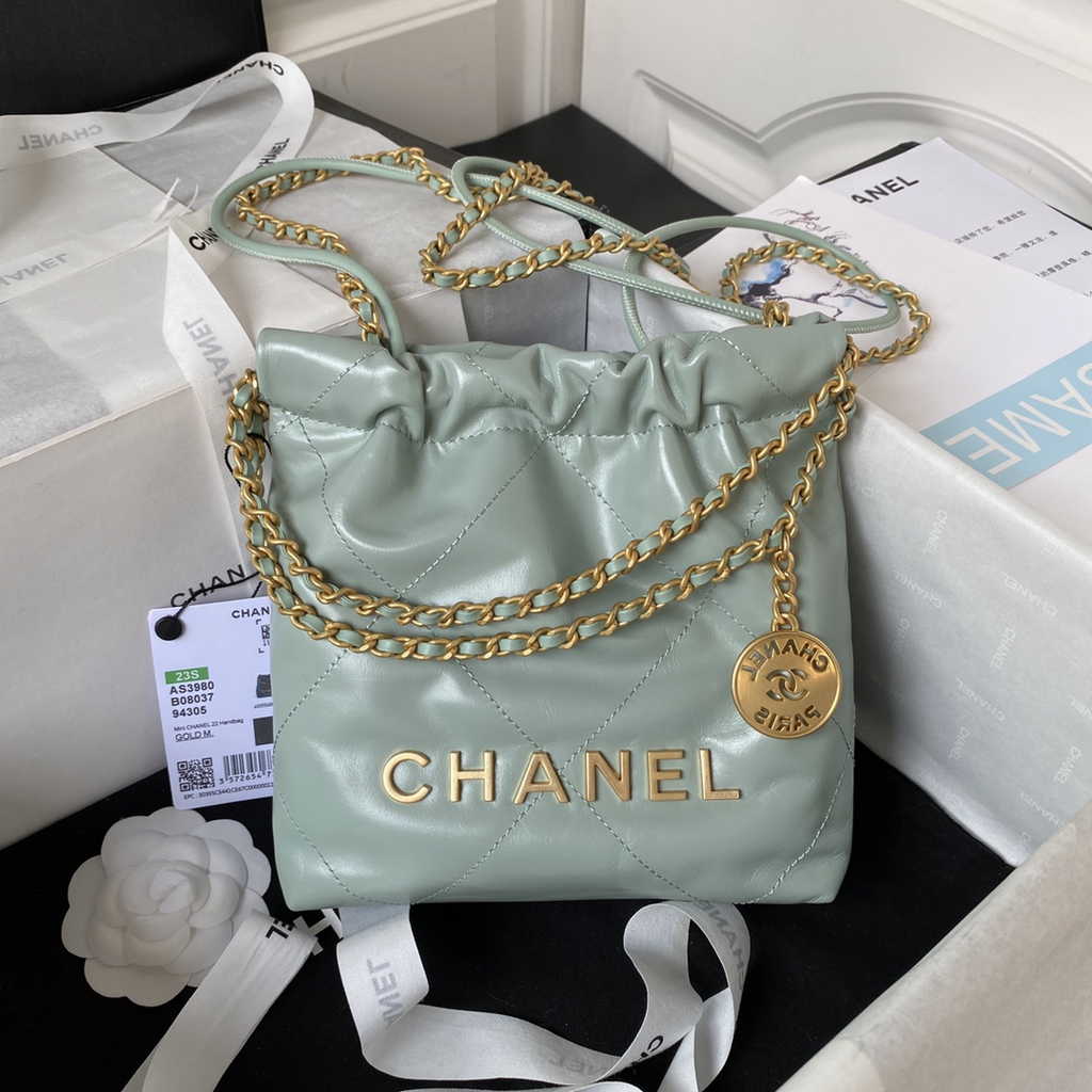 Chanel 22 Mini Handbag AS3980 Shiny Calfskin Gold-Tone Metal Gray
