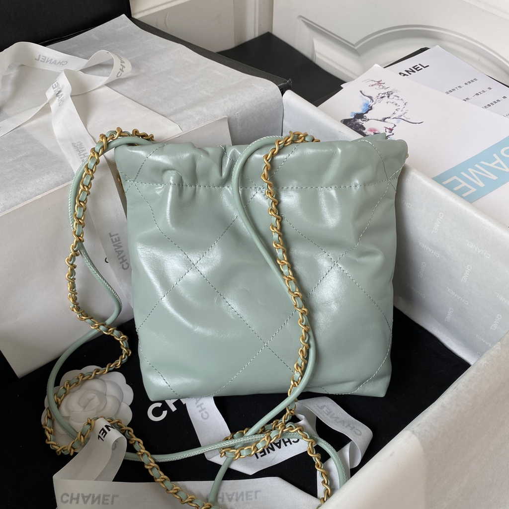 Chanel 22 Mini Handbag AS3980 Shiny Calfskin Gold-Tone Metal Gray