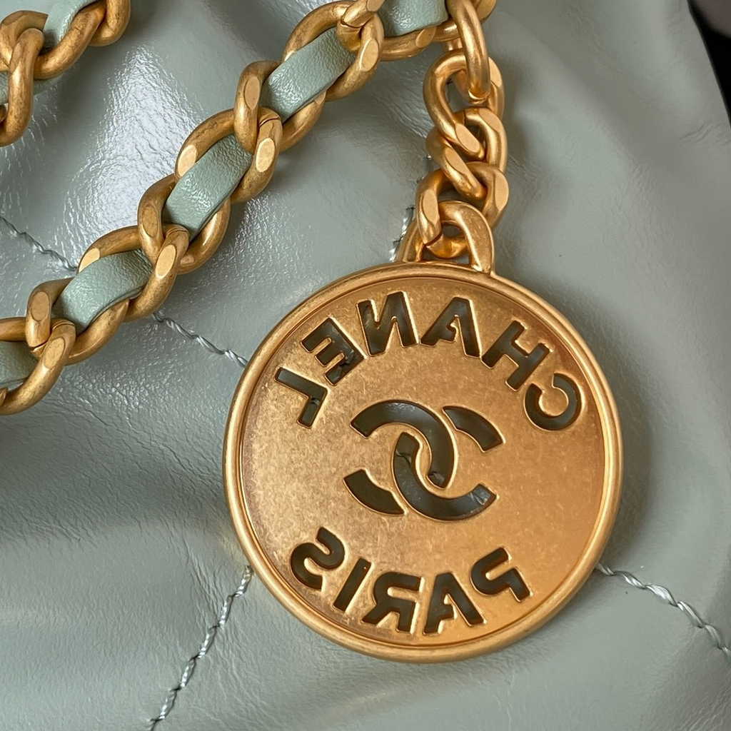Chanel 22 Mini Handbag AS3980 Shiny Calfskin Gold-Tone Metal Gray
