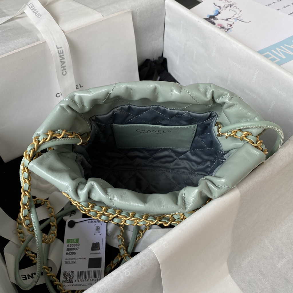 Chanel 22 Mini Handbag AS3980 Shiny Calfskin Gold-Tone Metal Gray