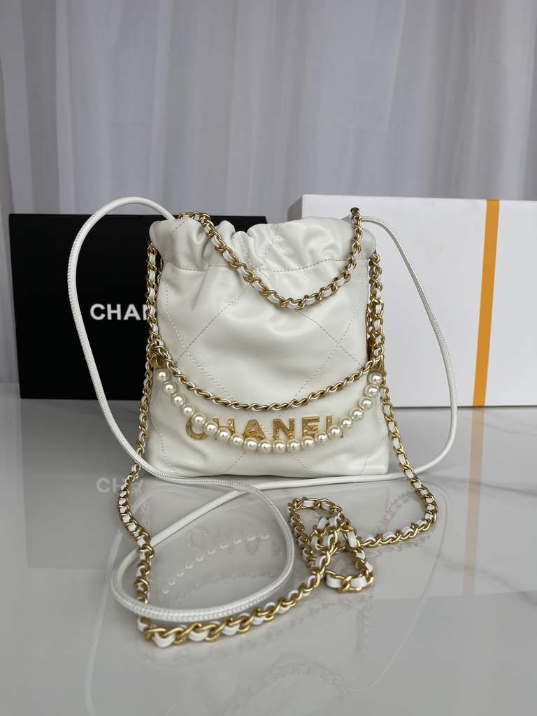 Chanel 22 Mini bag AS3980 Shiny Calfskin Gold-Tone Metal White