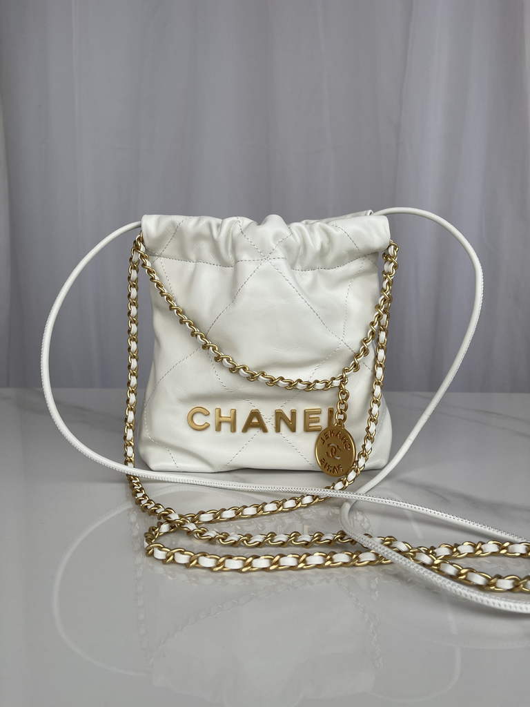 Chanel 22 Mini Handbag AS3980 Shiny Calfskin Gold-Tone Metal White