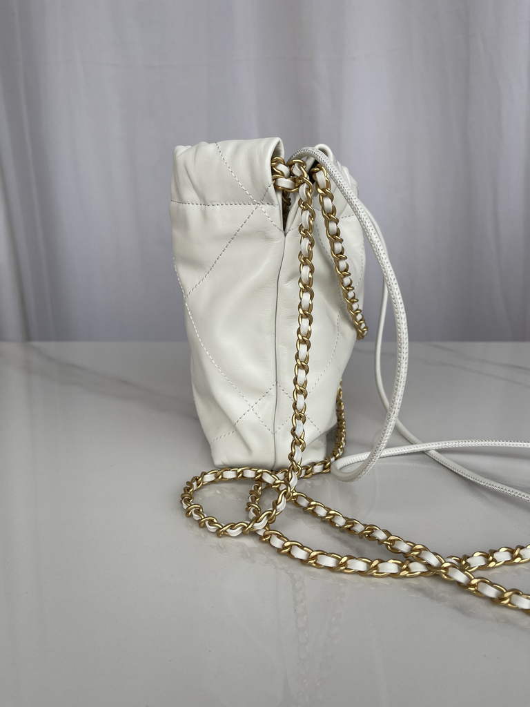 Chanel 22 Mini Handbag AS3980 Shiny Calfskin Gold-Tone Metal White