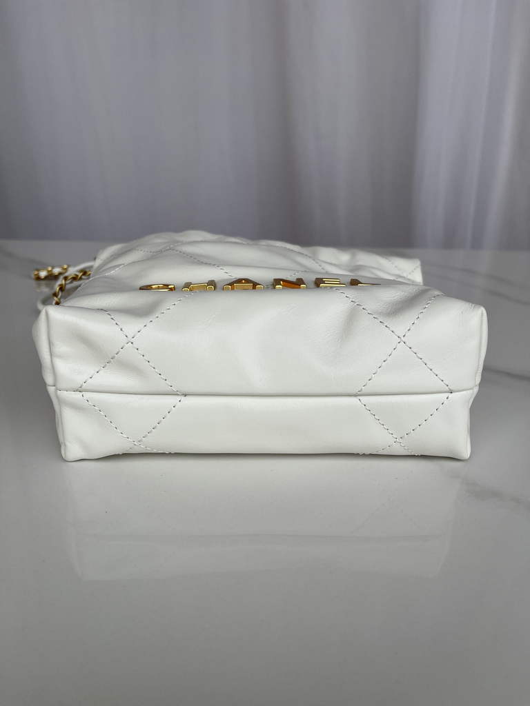 Chanel 22 Mini Handbag AS3980 Shiny Calfskin Gold-Tone Metal White