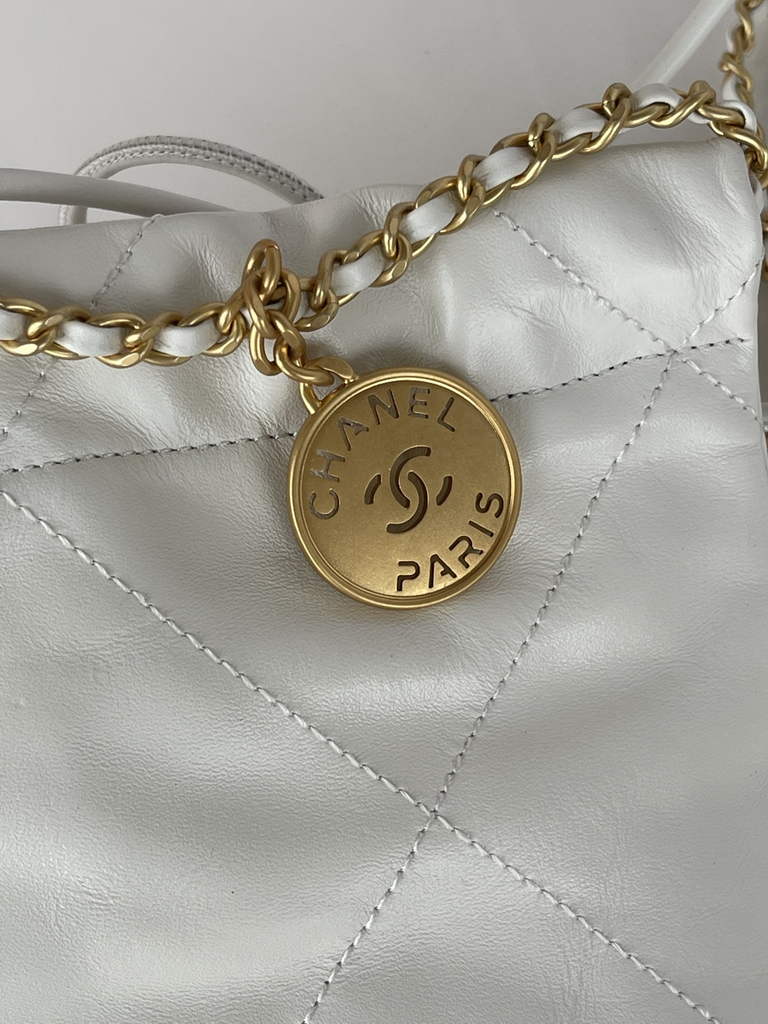 Chanel 22 Mini Handbag AS3980 Shiny Calfskin Gold-Tone Metal White