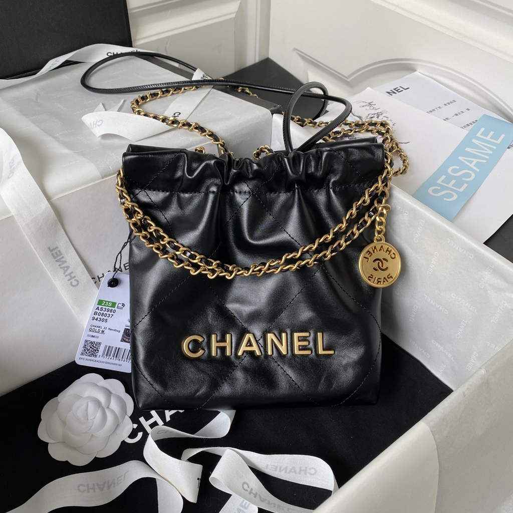 Chanel 22 Mini Handbag AS3980 Shiny Calfskin Gold-Tone Metal Black