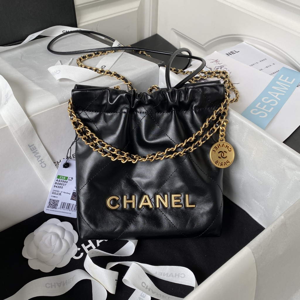 Chanel 22 Mini Handbag AS3980 Shiny Calfskin Gold-Tone Metal Black