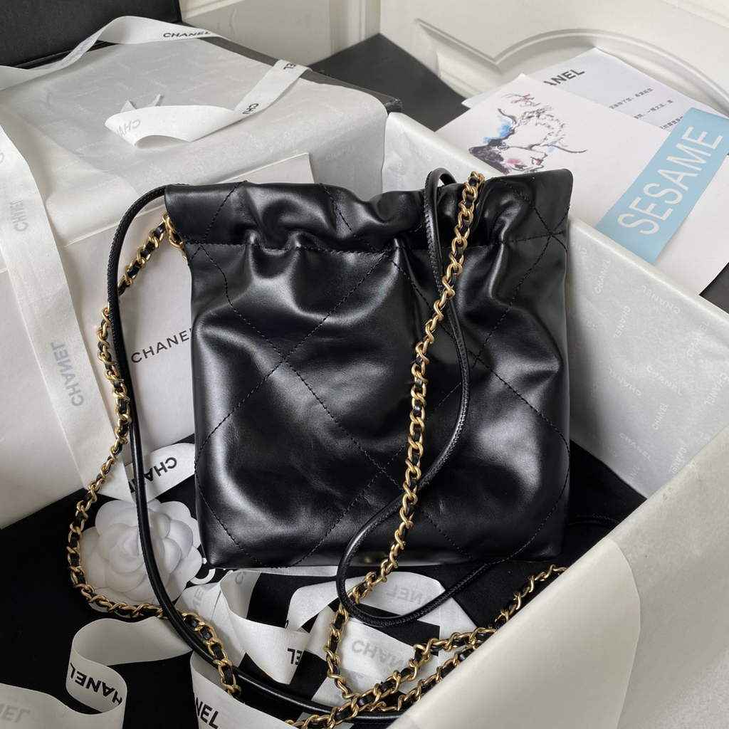 Chanel 22 Mini Handbag AS3980 Shiny Calfskin Gold-Tone Metal Black