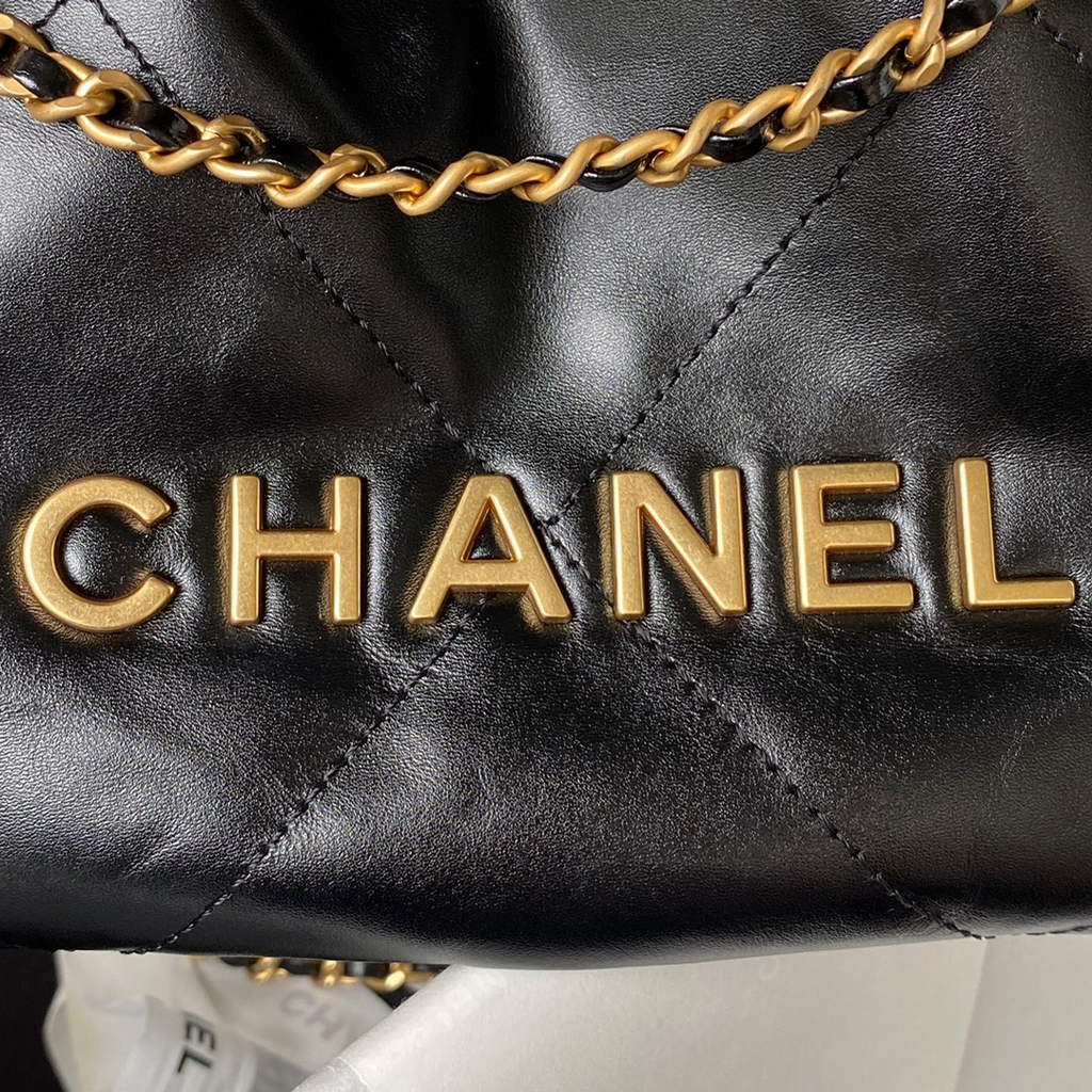 Chanel 22 Mini Handbag AS3980 Shiny Calfskin Gold-Tone Metal Black