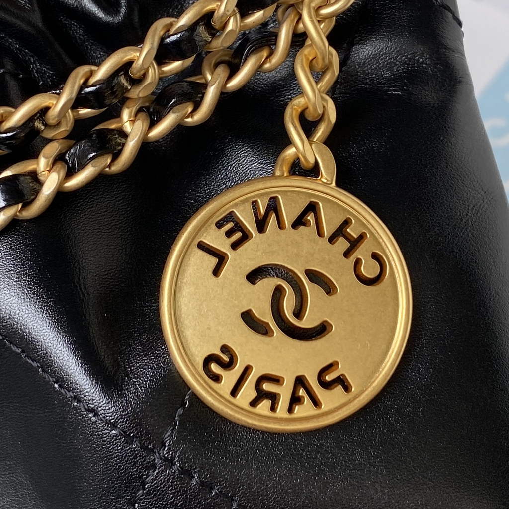 Chanel 22 Mini Handbag AS3980 Shiny Calfskin Gold-Tone Metal Black
