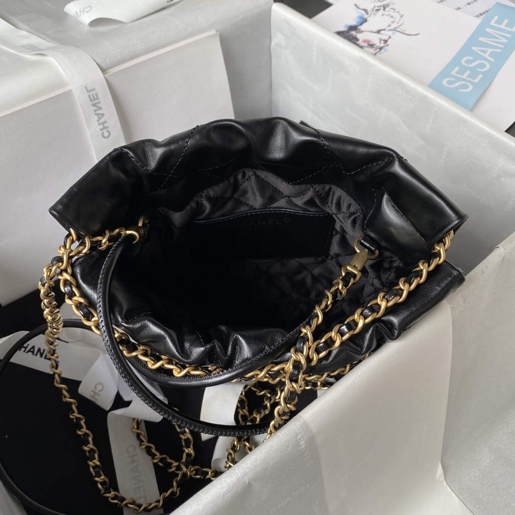 Chanel 22 Mini Handbag AS3980 Shiny Calfskin Gold-Tone Metal Black