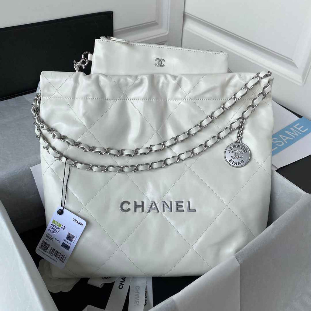 Chanel 22 Small Bag AS3260 White Shiny Calfskin Silver-Tone Metal