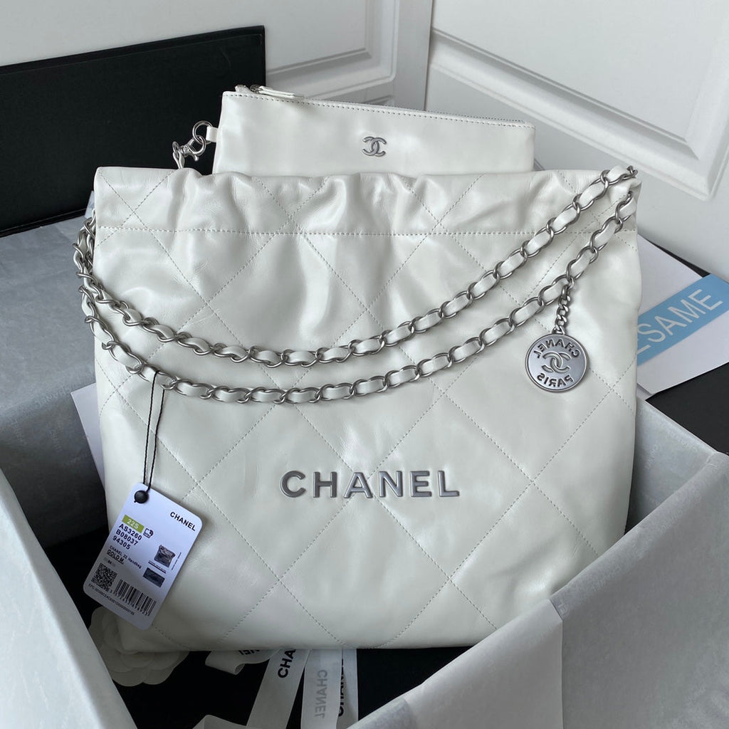 Chanel 22 Small Bag AS3260 White Shiny Calfskin Silver-Tone Metal