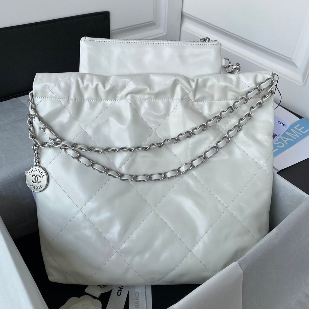Chanel 22 Small Bag AS3260 White Shiny Calfskin Silver-Tone Metal