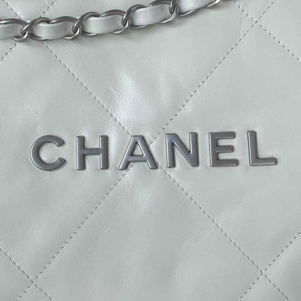 Chanel 22 Small Bag AS3260 White Shiny Calfskin Silver-Tone Metal