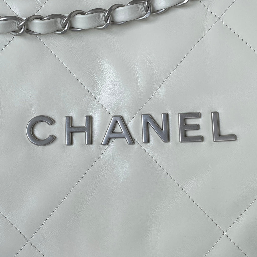 Chanel 22 Small Bag AS3260 White Shiny Calfskin Silver-Tone Metal