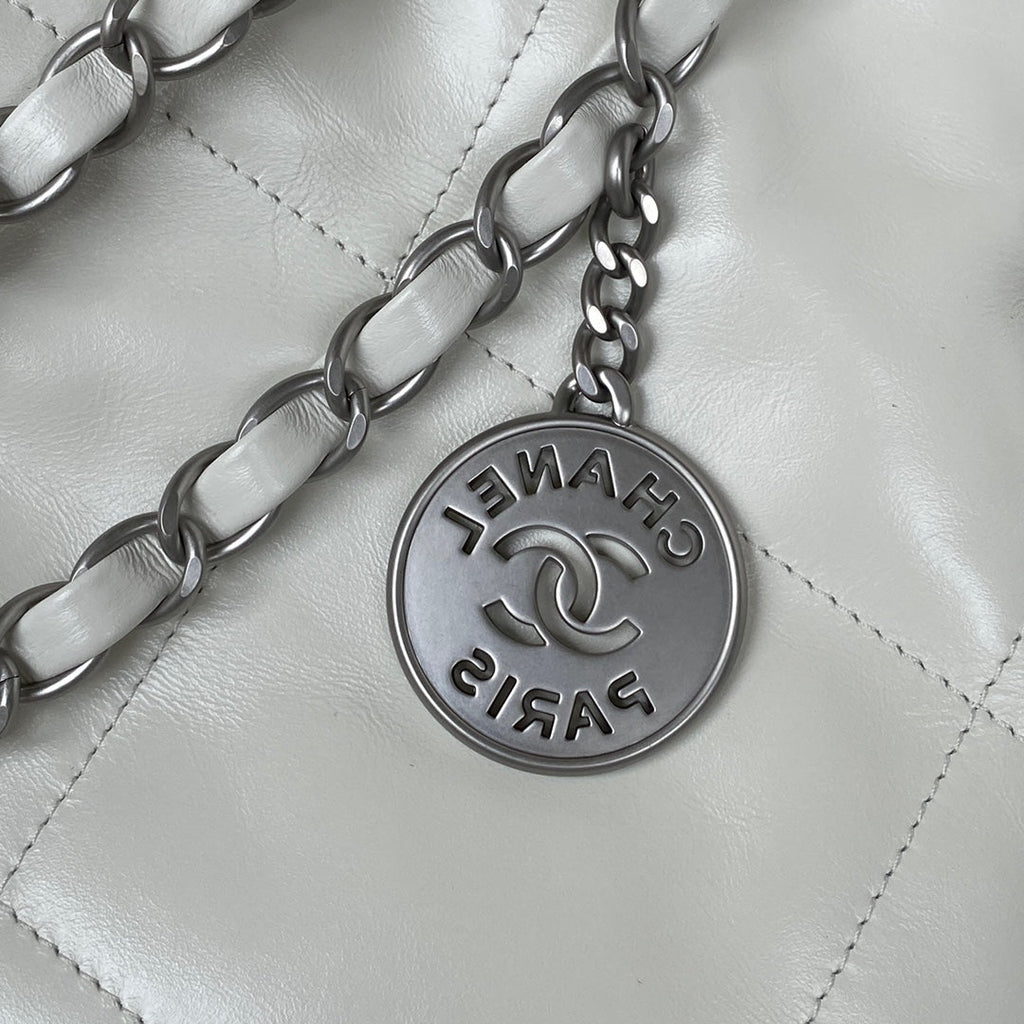 Chanel 22 Small Bag AS3260 White Shiny Calfskin Silver-Tone Metal