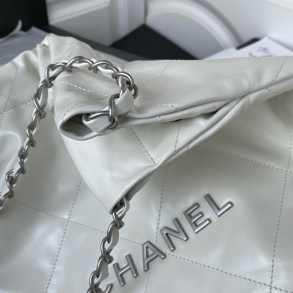 Chanel 22 Small Bag AS3260 White Shiny Calfskin Silver-Tone Metal