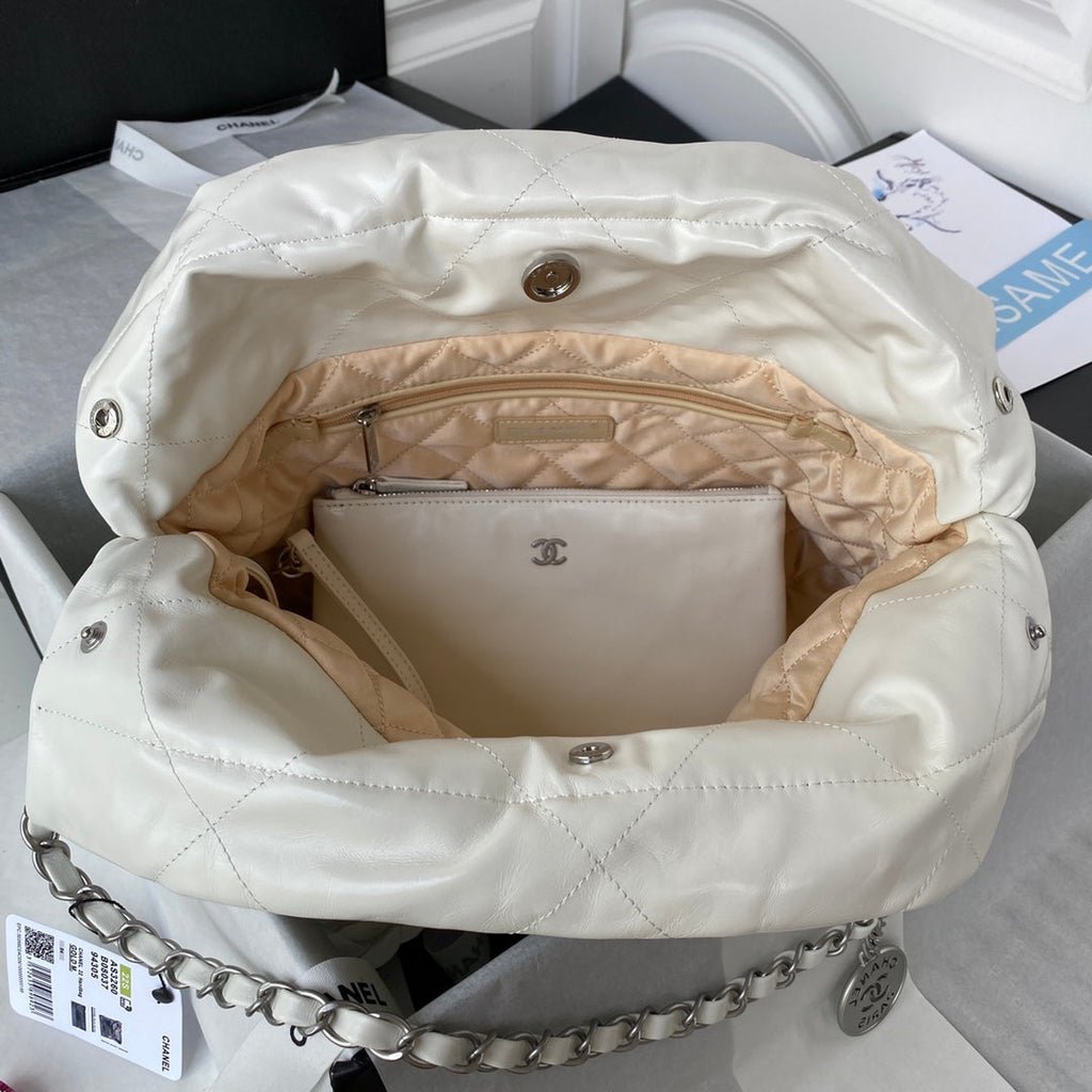 Chanel 22 Small Bag AS3260 White Shiny Calfskin Silver-Tone Metal