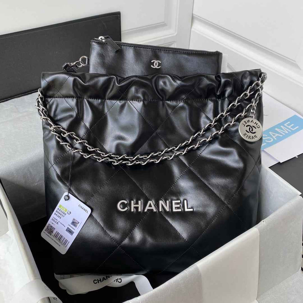 Chanel 22 Small Bag AS3260 Black Shiny Calfskin Silver-Tone Metal