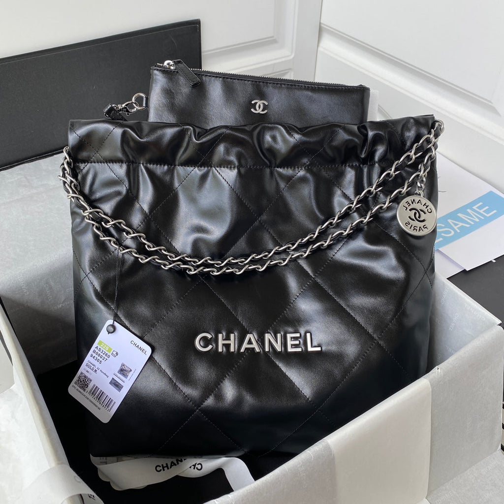 Chanel 22 Small Bag AS3260 Black Shiny Calfskin Silver-Tone Metal